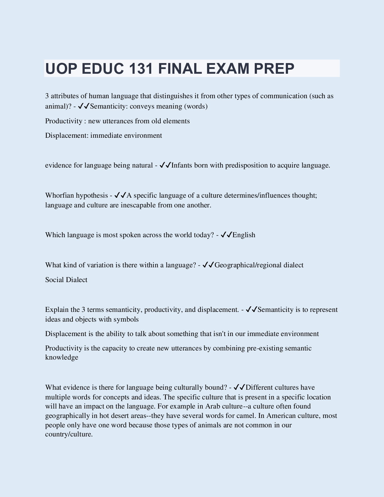 Preview of UOP EDUC 131 FINAL EXAM PREP | 290 Questions with 100% Correct Answers | Updated & Verifie